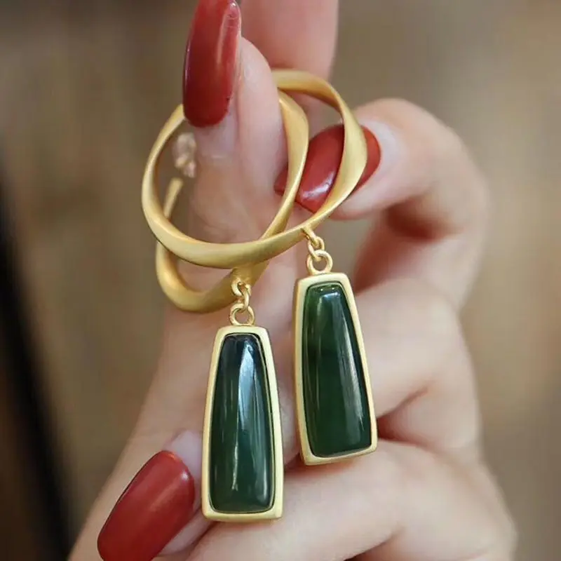 2024 Natural Hetian jade sexy temperament 18 k gold plate jewelry S 925 Sterling silver long fashion hoop earrings