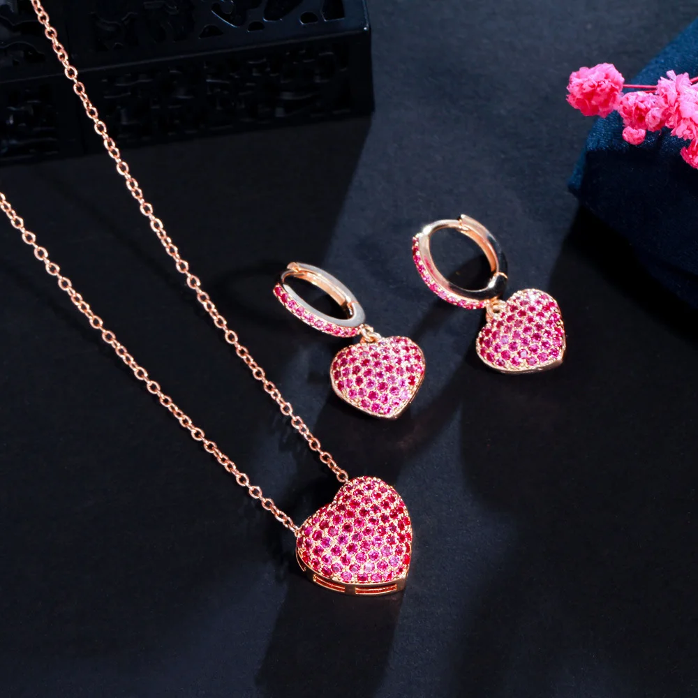 2024 Sweet girl three  dimensional vermiculite heart  shaped rhinestone necklace ear ring jewelry sets