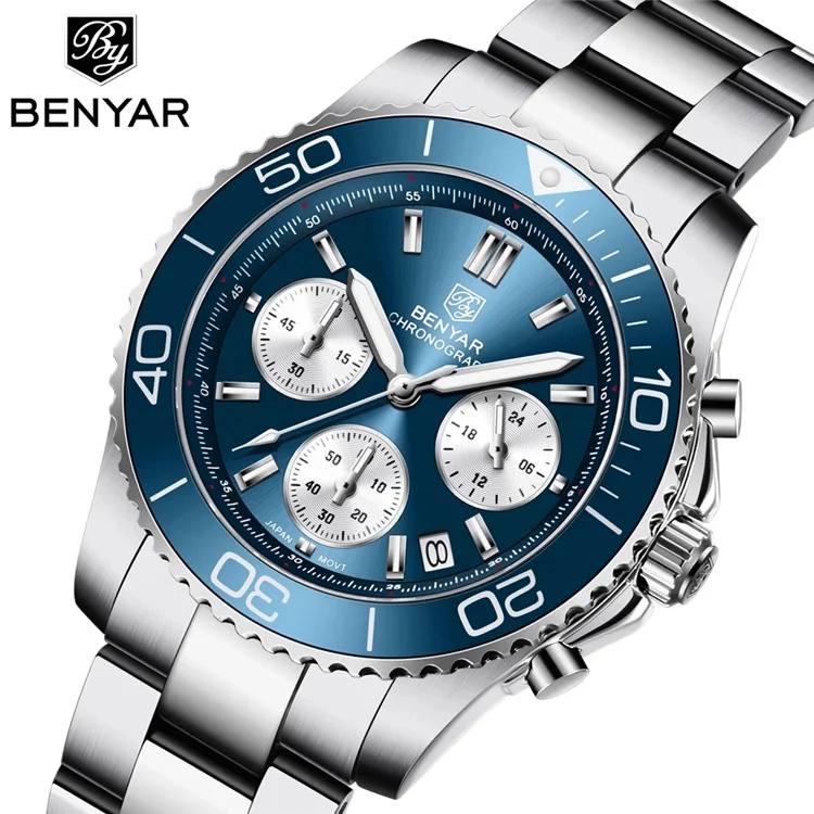 Мужские часы benyar s002 2022 Роскошные Кварцевые ведущей марки водонепроницаемые спортивные светящиеся из нержавеющей стали