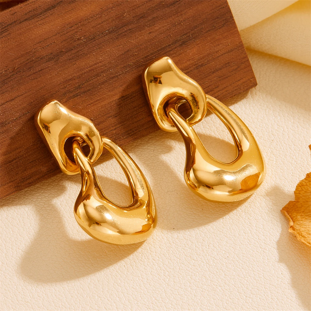 2024 Vintage Style Stainless Steel 18K Gold-Plated Double Ring Earrings for Women with Irregular Shape and Bezel Setting
