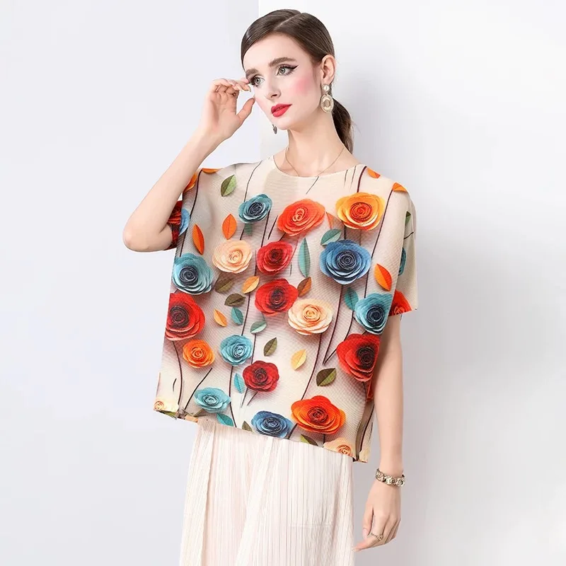 Miyake Pleated Flower Summer Korea Shirt Women Cool Plus Loose Size Chiffon Top Female Florar 3D Printed Tshirt Clothing