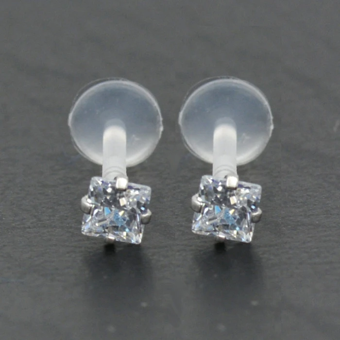 PTFE Bioflex Threadless Push in Labret Lip ring  with prong Setting CZ Gems