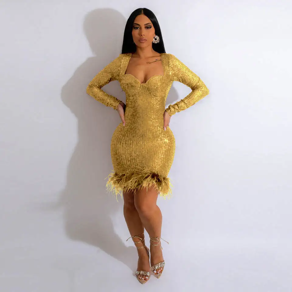 latest glitter sequin women formal dresses evening elegant sexy feather sequin short dress