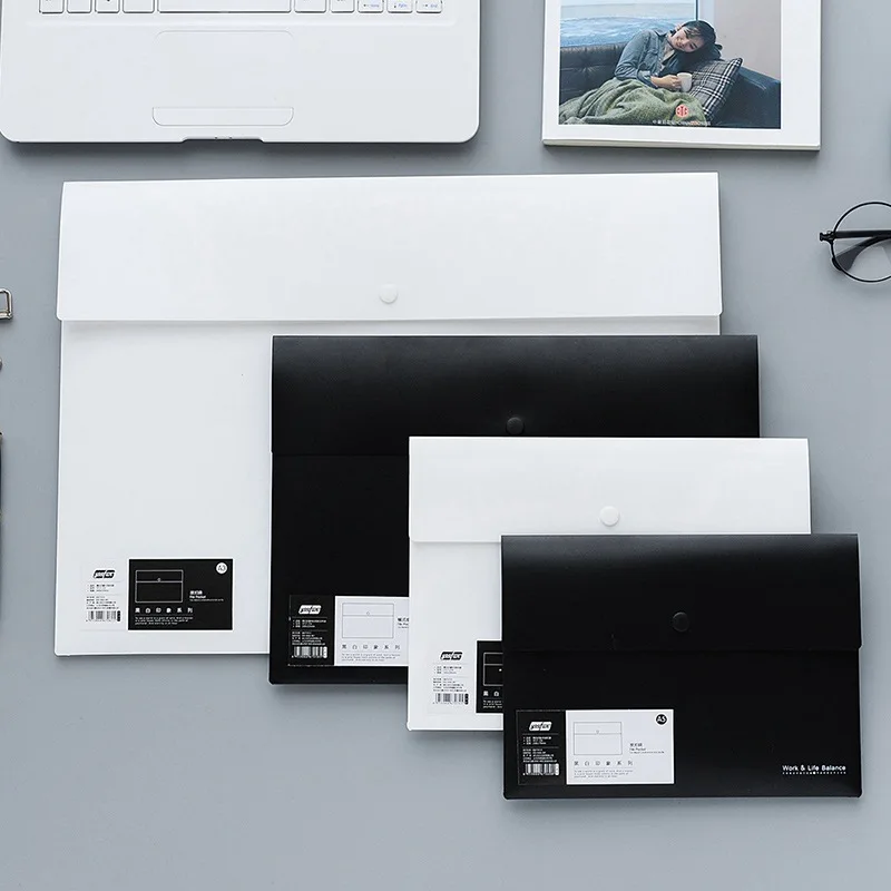 Black and White Frosted PP File Bag Office Plastic Folder A5/A4/A3 Button Closure Document Holder Large Capacity Data Organizer