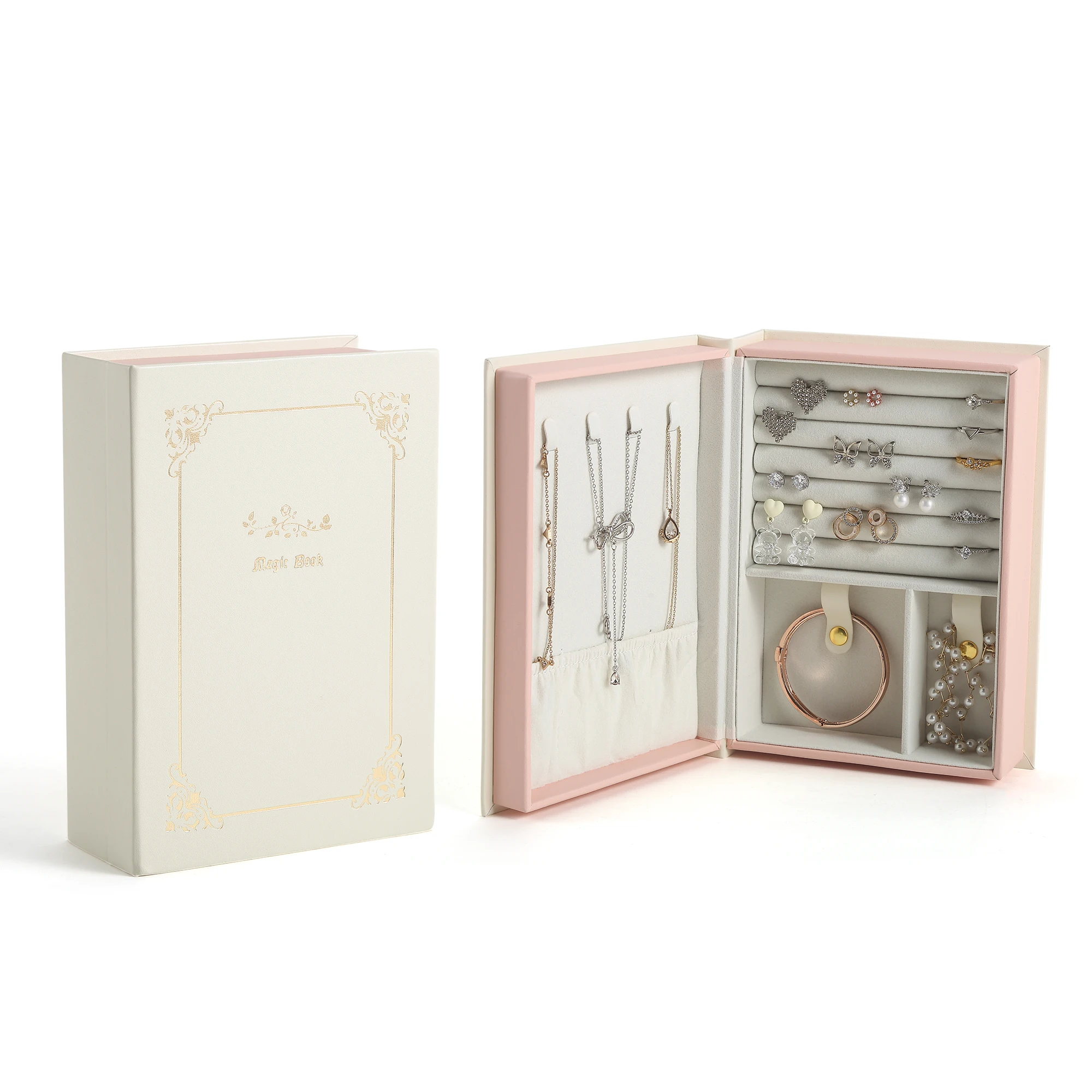 Wholesale PU Leather Book Rectangular Safe magnetic Jewelry Box Organizer Travel Small Jewellery Ring Necklace Storage Gift Case