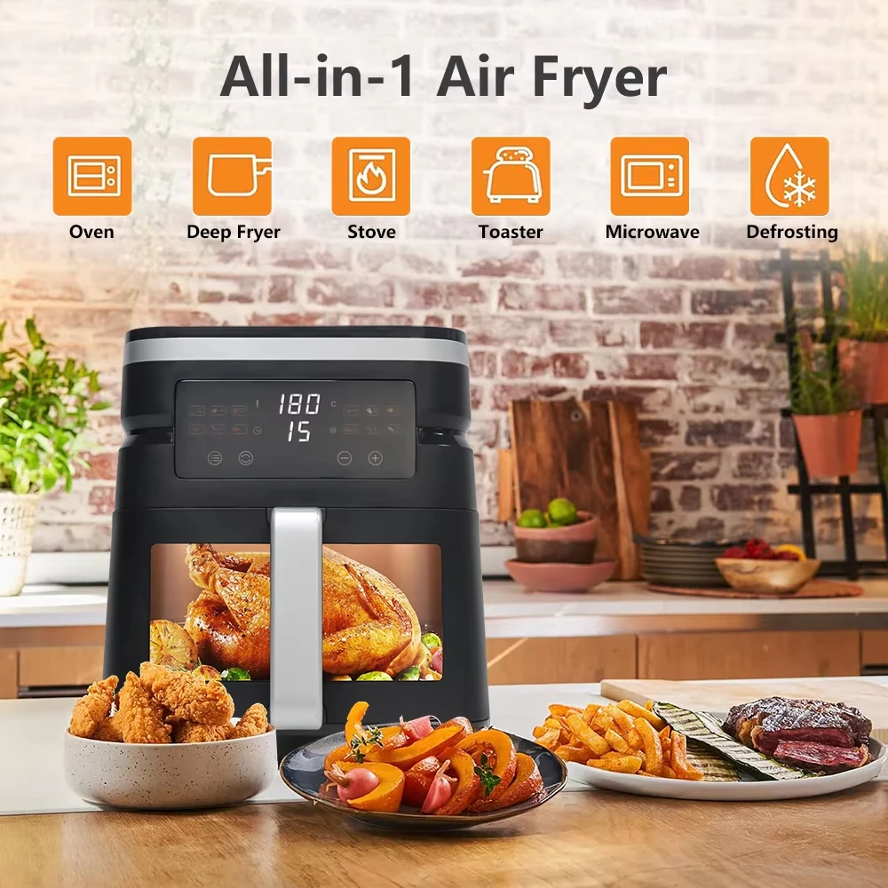 Visible Glass Window Digital Electric Upper and down two heating Air Fryer 7l Square Basket 2000w Unique Style Smart