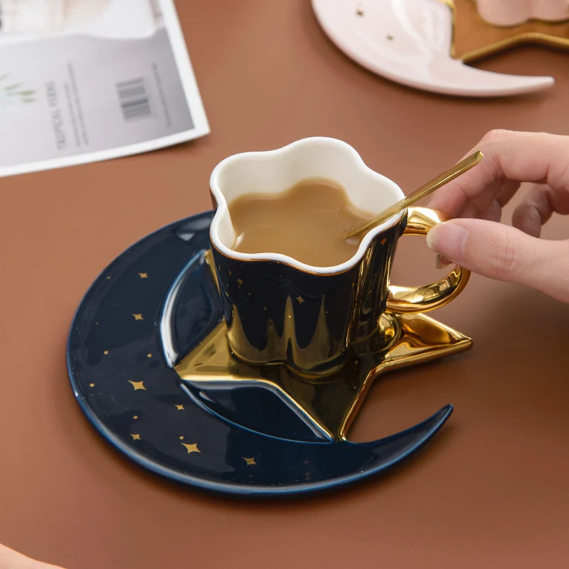 Eco Friendly Porcelain Coffee Cup Gold Decor Ceramic Tea Cups And Saucer Set