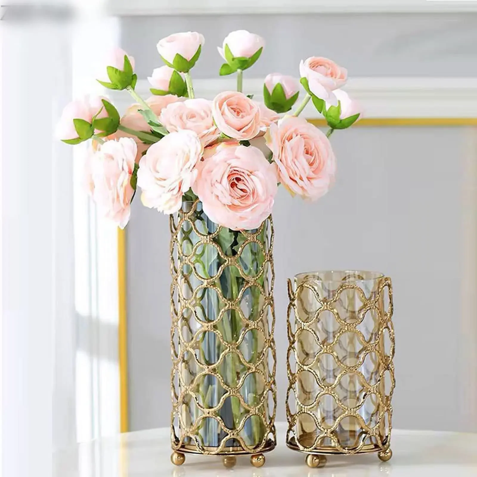 Niseven Modern Floral Home Decoration Hollow Out Glass Vases Candle Holder Golden Flower Arrangement Metal Glass Flower Vase
