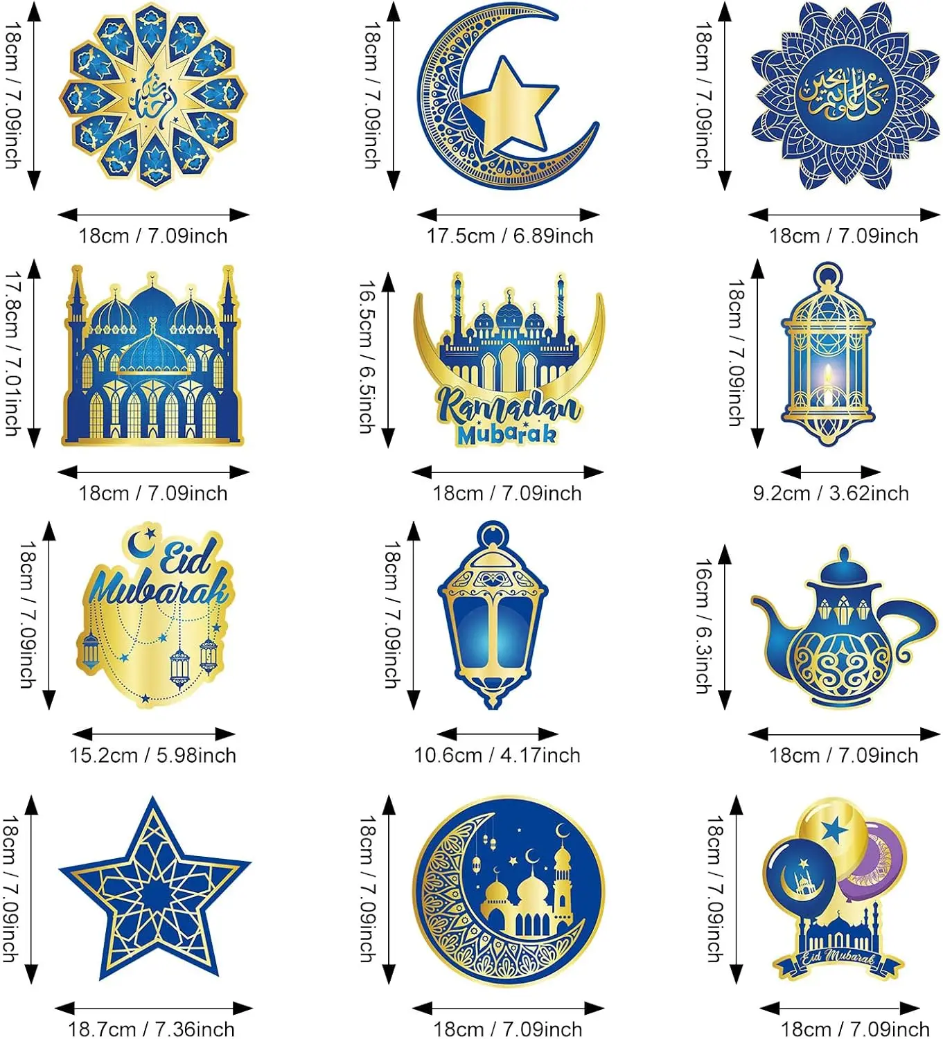 Customizable Blue & Gold Eid Party Decoration Banner Set with Spiral Tags Ramadan Party Decorations Tableware Table Decorations