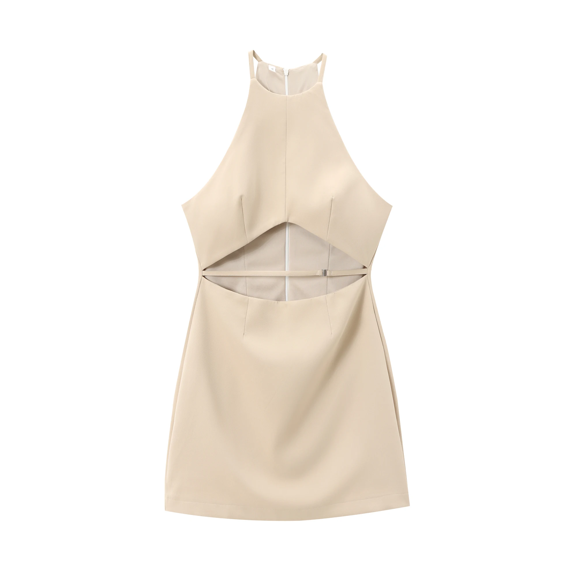 Front hollow out beige color sleeveless casual fashion summer mini dress for women