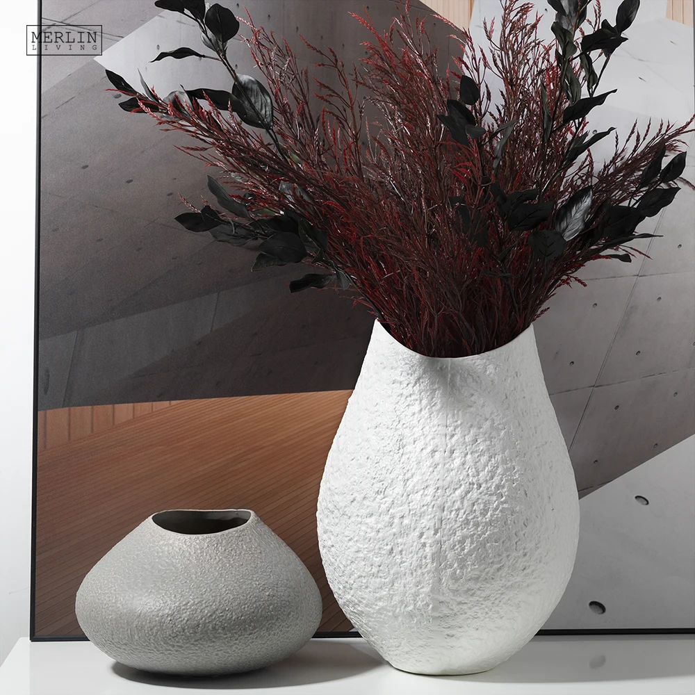 Merlin Living Rough Surface Vase Grey White Matte Ceramic Minimalist Vase Pieces Natural Flower Vase Design for Home Decor