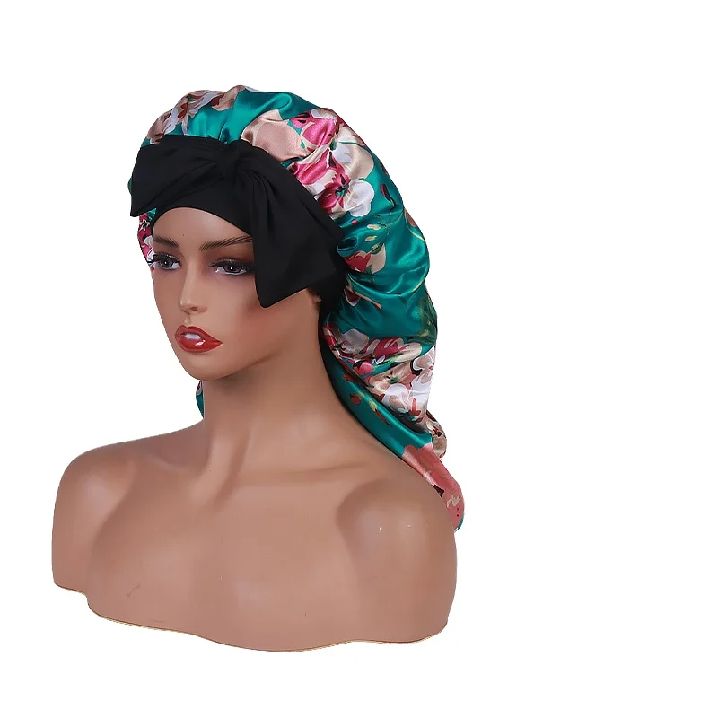 Floral Long Satin Bonnet for Sleeping - Double Layer Reversible Silk Bonnet for Long Hair Women Sleeping Cap With Tie Band
