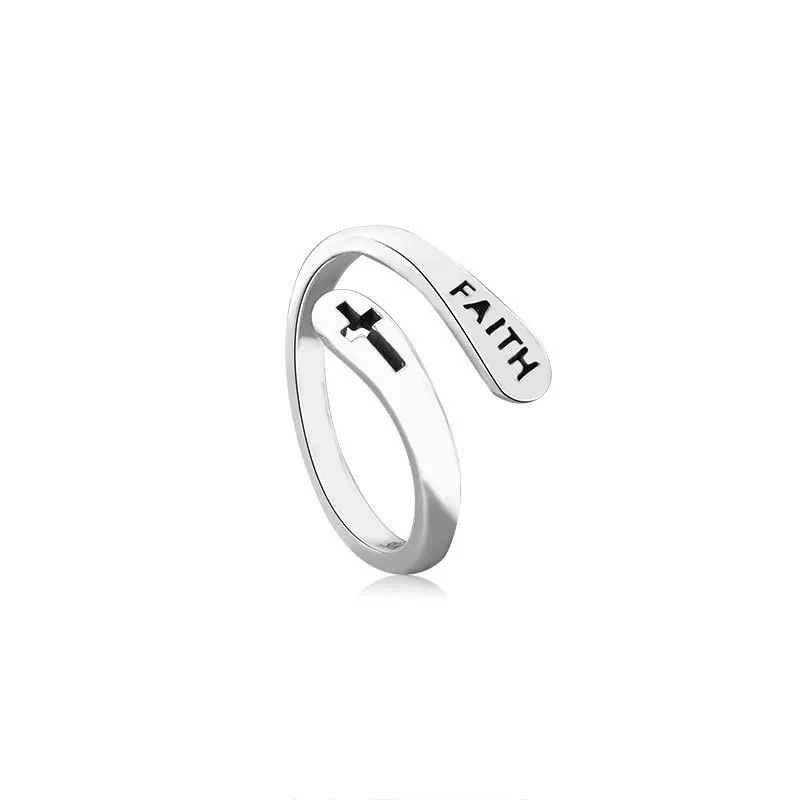 Vintage Hollowed out cross FAITH lettering double layer fashion personality ins tide cold wind open ring