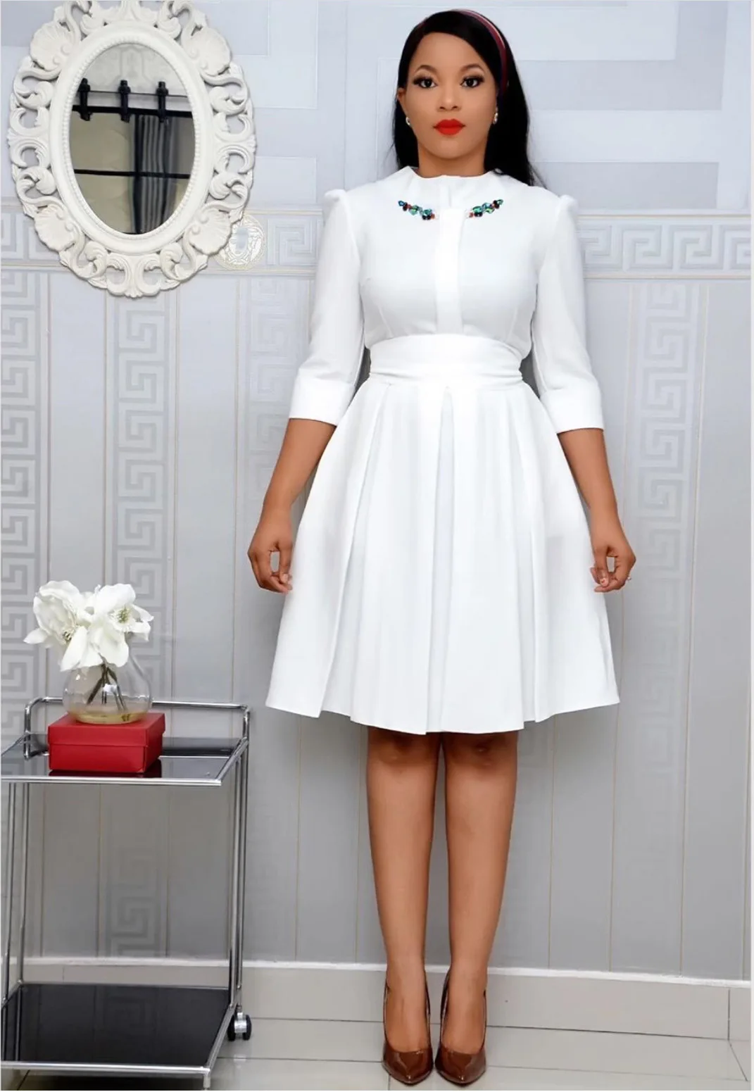 Hot Style Embroidered Pleated Office Dresses Africa Women Work Office Formal Elegant