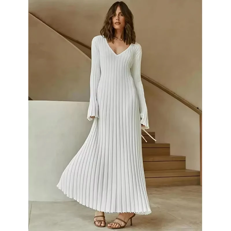 knitwear manufacturer Knitted Dress Women Long V Neck Dresses Female Solid Elegant Full Sleeve A-Line Ribbed knit Sweater Dress