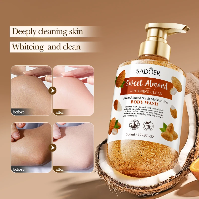 SADOER Private Label Skin Care Products Natural Moisturizing Whitening Shower Gel Organic Sweet Almond Scrub Bath Body Wash