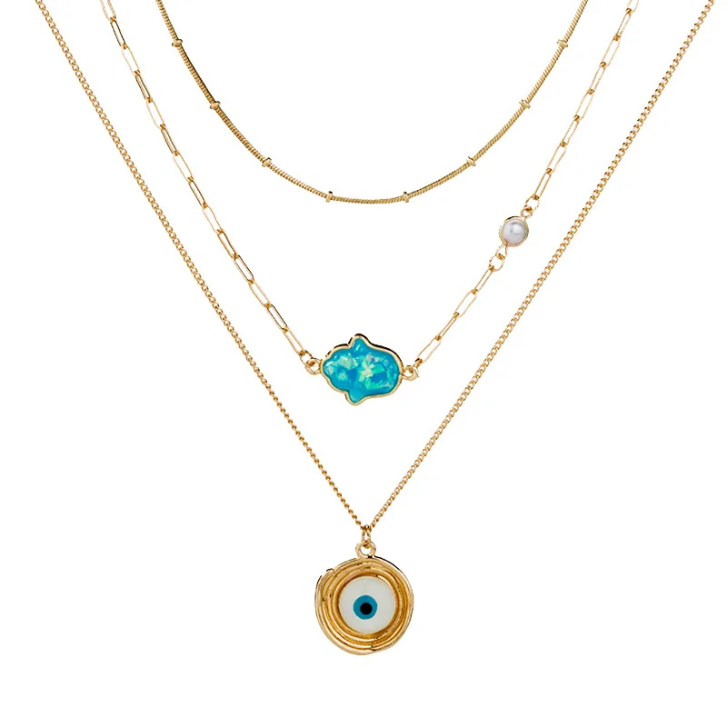 
New Arrival Gold Evil Eye Necklace Opal Hamsa Hand Pendant Multilayer Necklace for Women Jewelry 