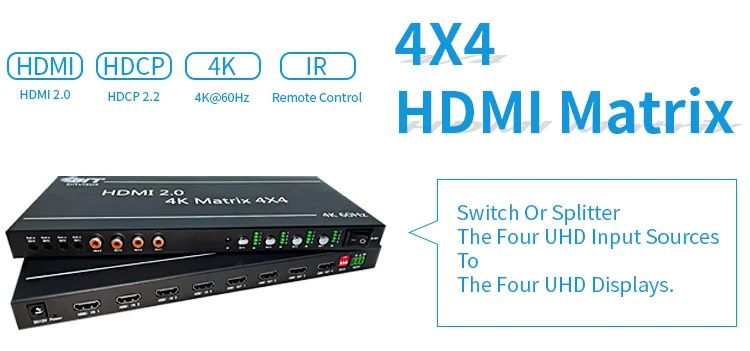 Latest Rs232 Pdif 4X4 Hdmi Matrix Switch 4 Input 2 Output Video Wall Controller
