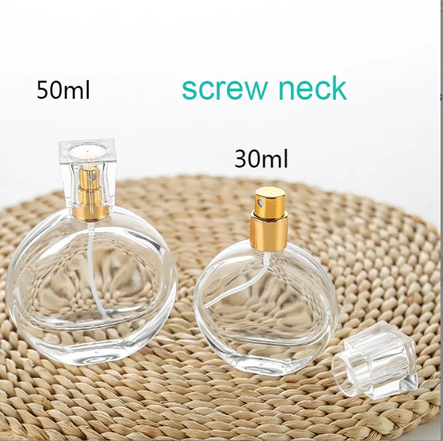 Factory Wholesale Square Round Shoulder Empty Glass Perfume Bottle 50ml Screw Neck Clear Black Sprayer Bottle with Acrylic Cap