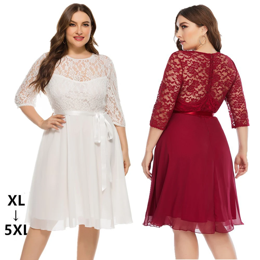 New Design Plus Size Lace Chiffon Stitching Skirts Prom Gown Bridesmaids Solid Color White Evening Dress For Women