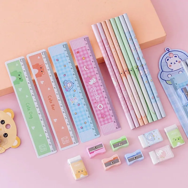 2024 Hot Sale Five Piece Stationery Set Children Birthday Gift Cute Kawaii Set Wholesale Ruler Rubber Pencil Sharpener