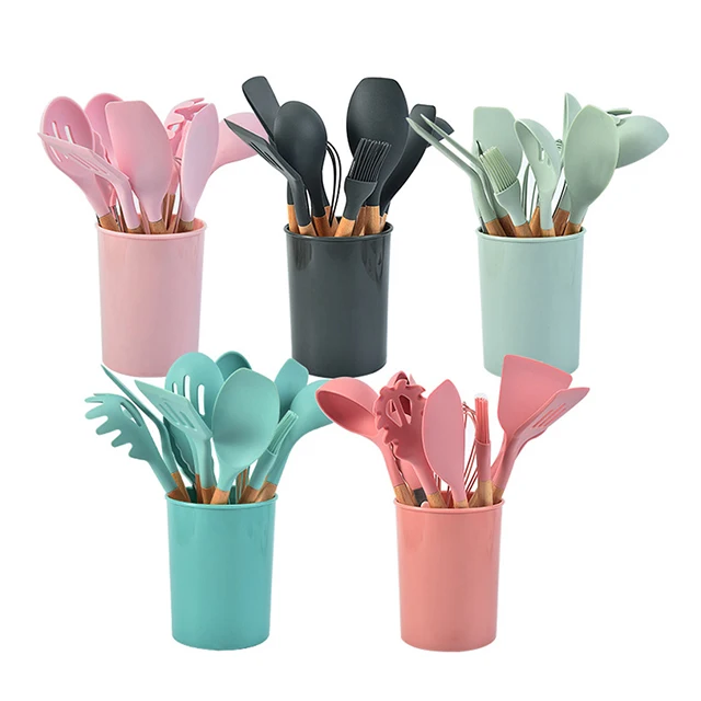 Kitchen Utensil Set Accessories Tools Home Silicone Wooden Heavy Duty Holder Cooking Utensils