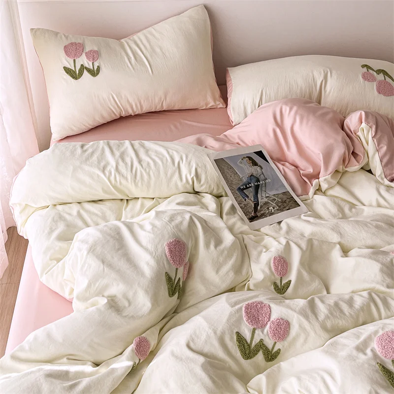 Luxury Washed Microfiber With Towel Embroidery Flower Flocking Duvet Cover Bedding Set