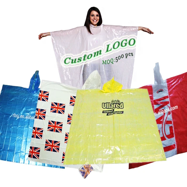 Горячая Распродажа, дешевые Полиэтиленовые одноразовые Водонепроницаемые Дождевики с принтом логотипа, пончо