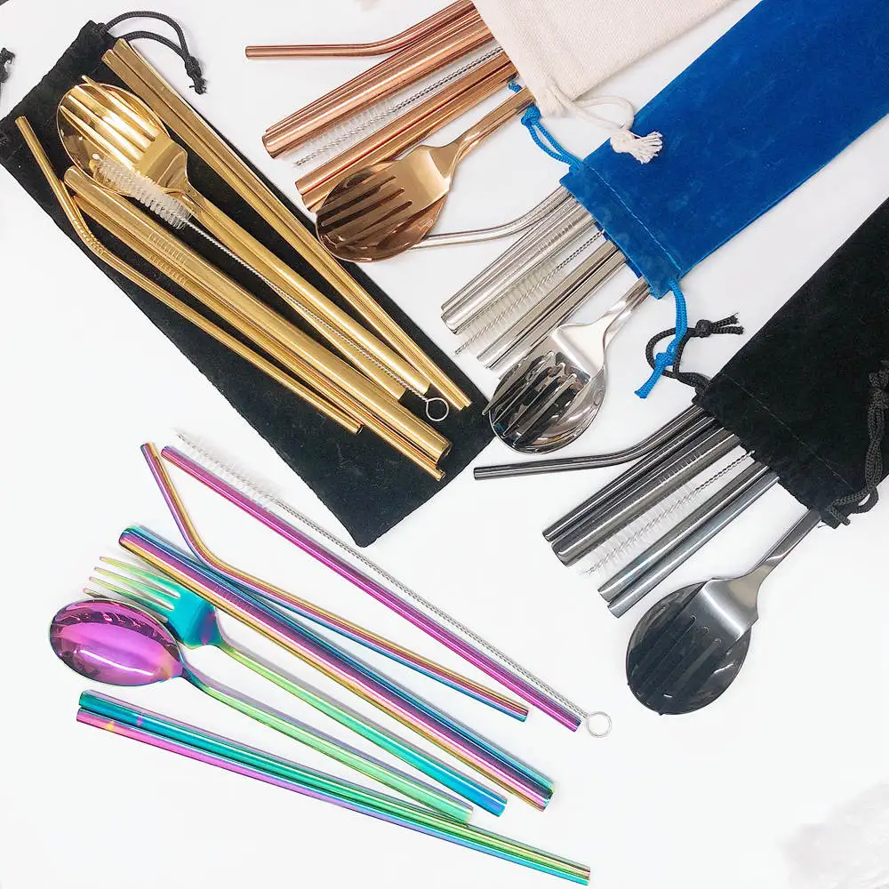 Rose gold Black Rainbow Stainless Steel Tableware Set Spoon Fork Chopstick Metal Straw Set for travel 8pcs