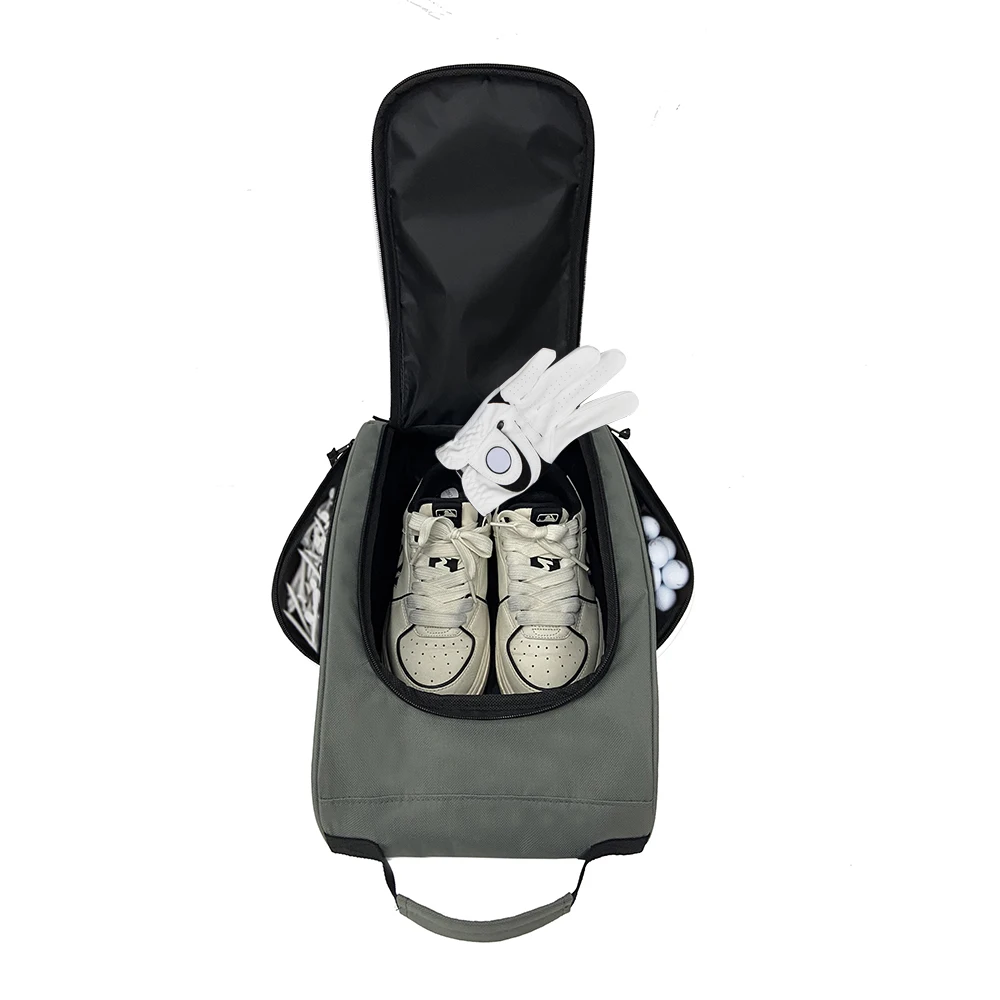 2024 New Product Golf Shoe Bag Zippered Sport Shoe Carrier Bags with Side Accessory Pockets for SocksCustom Waterproof Gray Nylo
