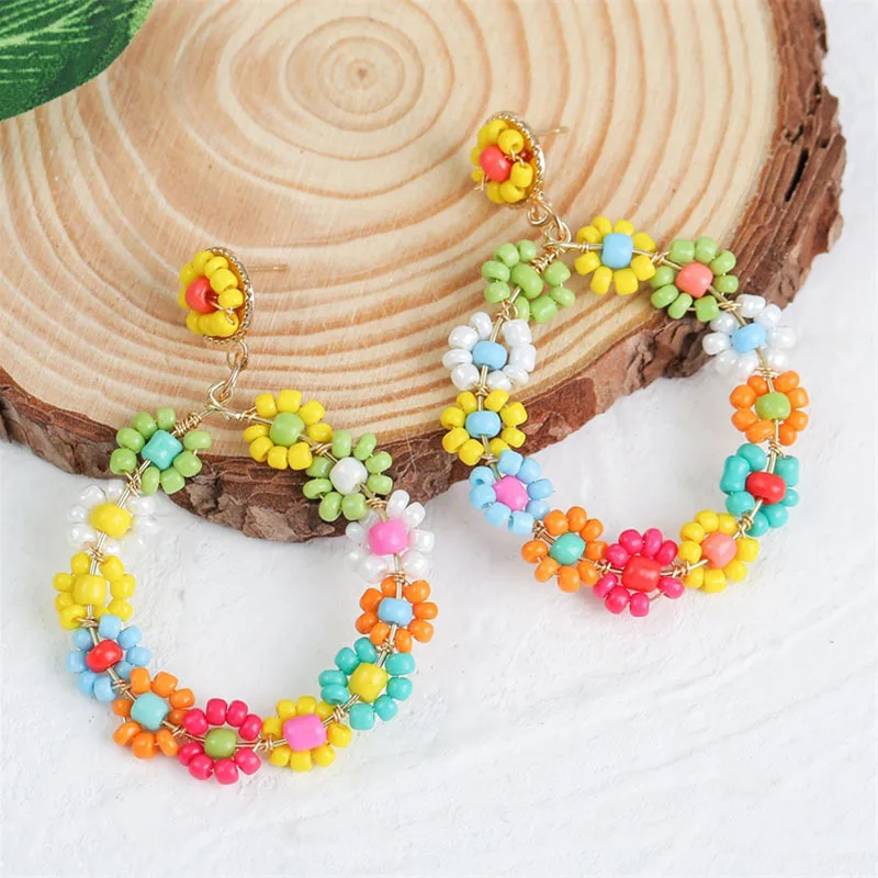 Summer Boho Earrings Colorful Seadbead Hoop Long Drop Flower Earrings Women