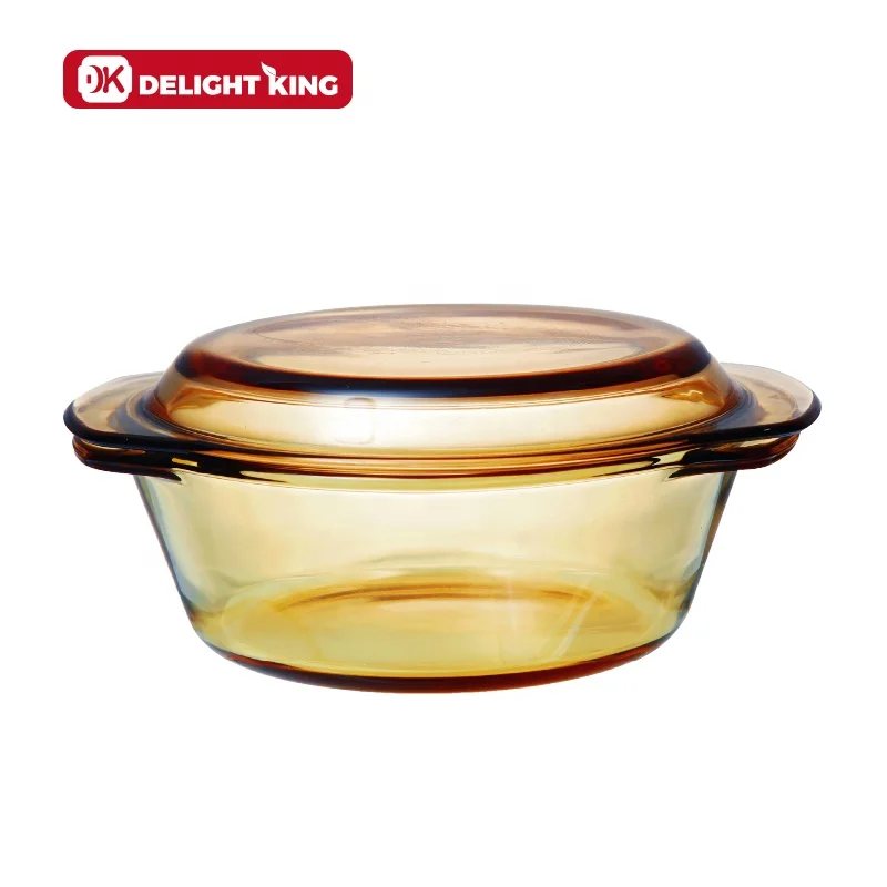 Clear Borosilicate Glass Oven Safety Pan with Glass Lid, Amber Colored Pot