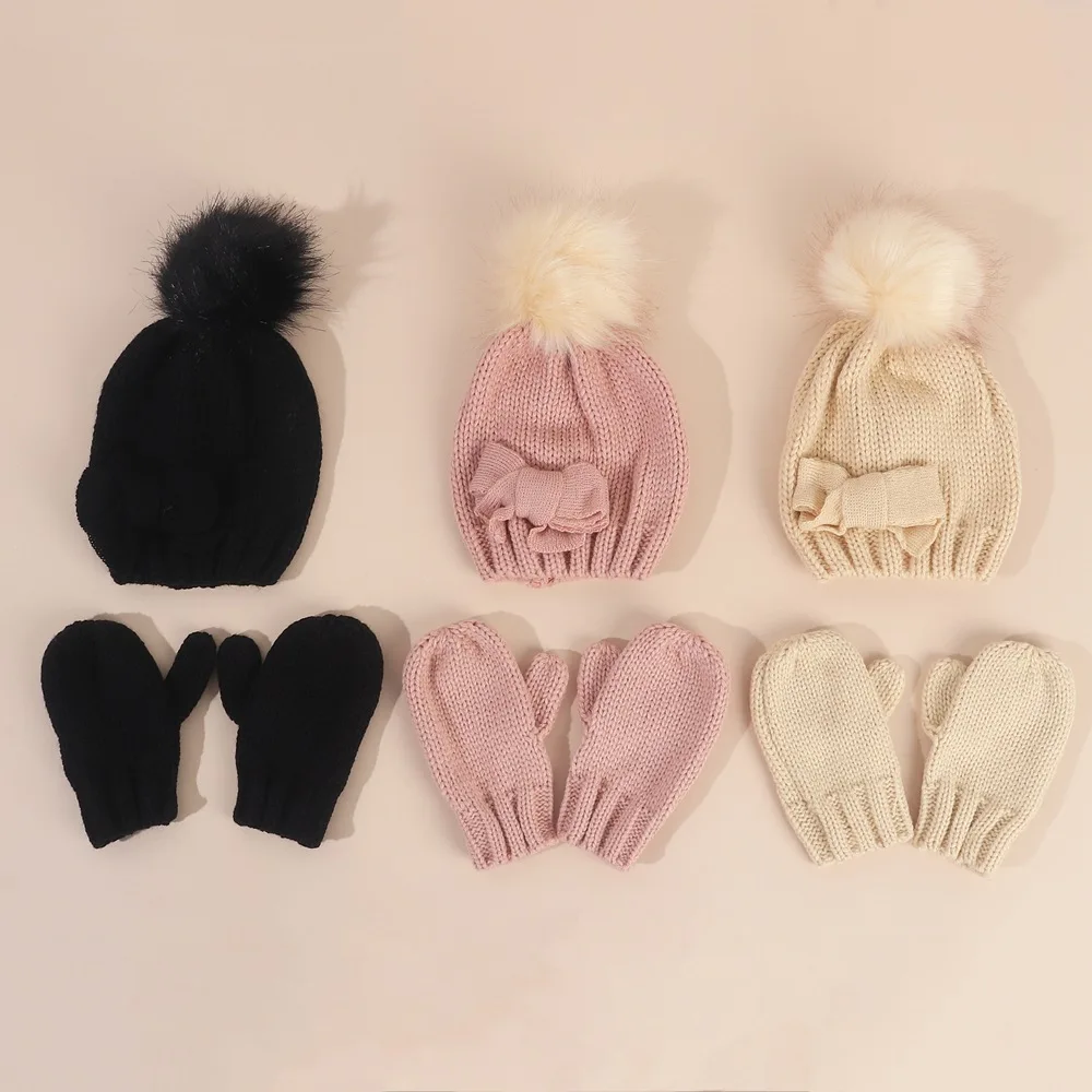 Winter Lovely Pom Pom Baby Girl Knitted Hat and Mittens Set 6M-2Y Toddler Warm Beanie Hat