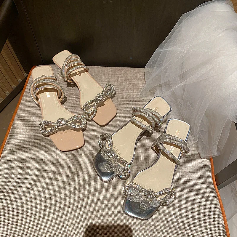 New Rhinestone Bowknot Women Sandals PVC Jelly Transparent Perspex High Heels Summer Sexy Square toe Ankle Buckle Strap Shoes