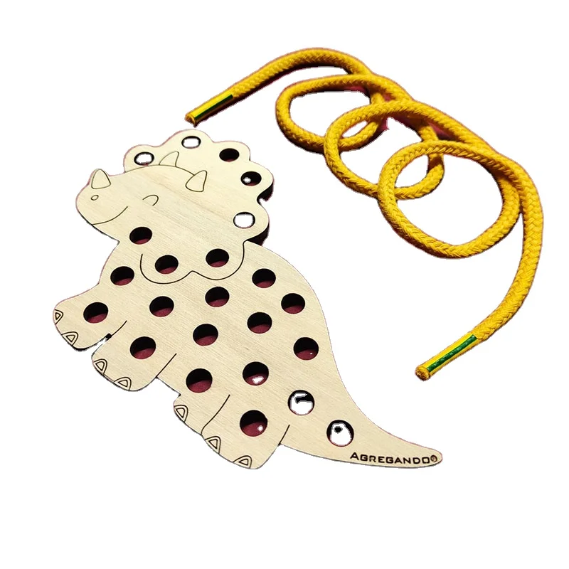 Wood Lacing Toy Educational Montessori Gift Dinossaur Sewing Kit for Kids and Toddlers Natural Eco Friendly Learning toy