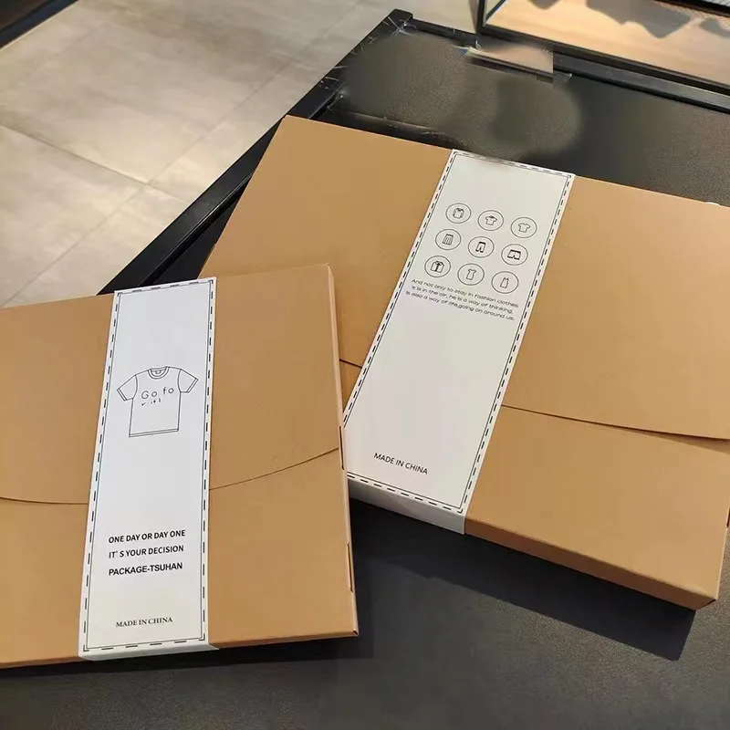 Custom Luxury Fashion Brown White Black T Shirt Kraft Envelope Box With Sleeve Band