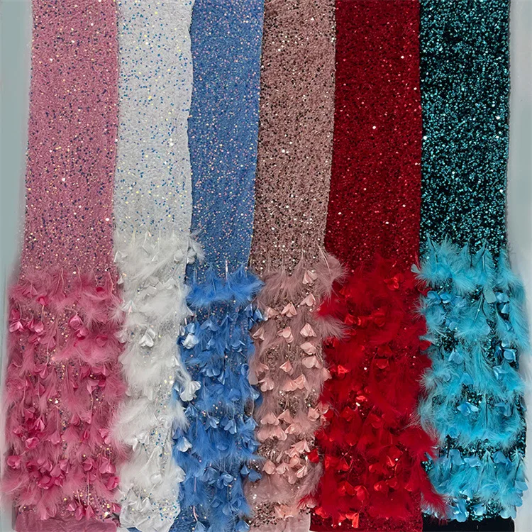 New feather autumn and winter wedding dress fabric dress non-fleece three-dimensional sequin tassel flower