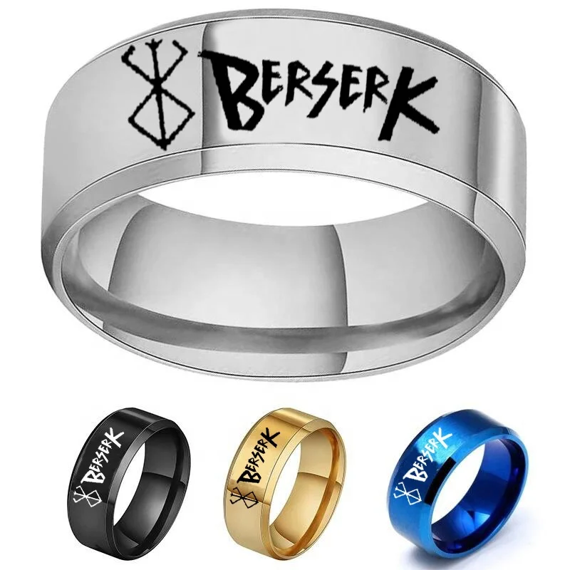 Anime Ring Peripheral Berserk Commemorative Fashion Simple 4 Colors Cool Laser Stainless Steel Cosplay Rings Mens Womens Gift