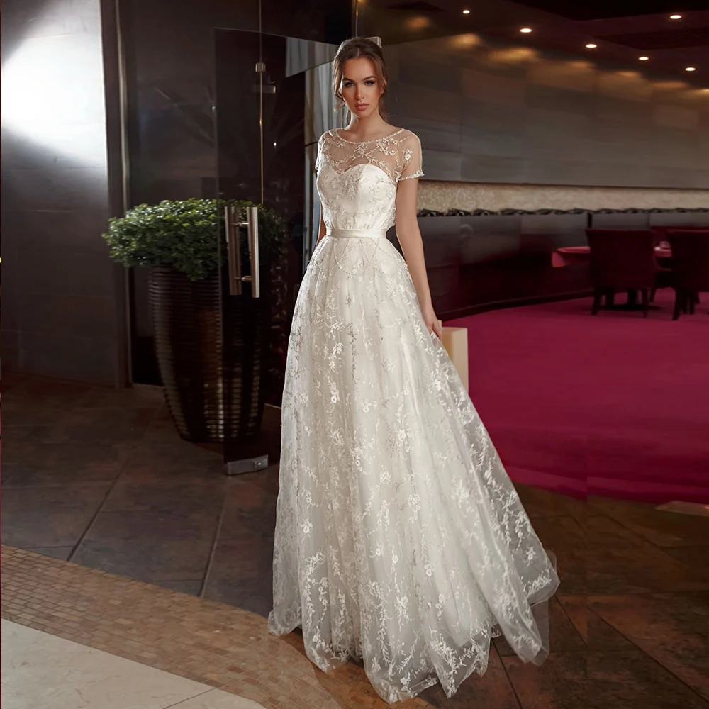 New Arrivals Short Sleeve Pearls Lace Wedding Gowns Vestido De Noiva Renda O-neck Floor Length Bridal Dresses Abiti Da Sposa