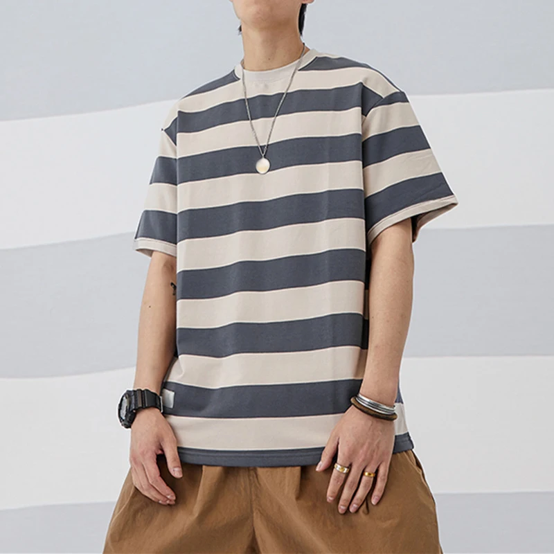 Summer High Quality Cotton Striped T-Shirt Japanese Streetwear Fashion Casual Short Sleeves  Pop Top Men T-Shirt