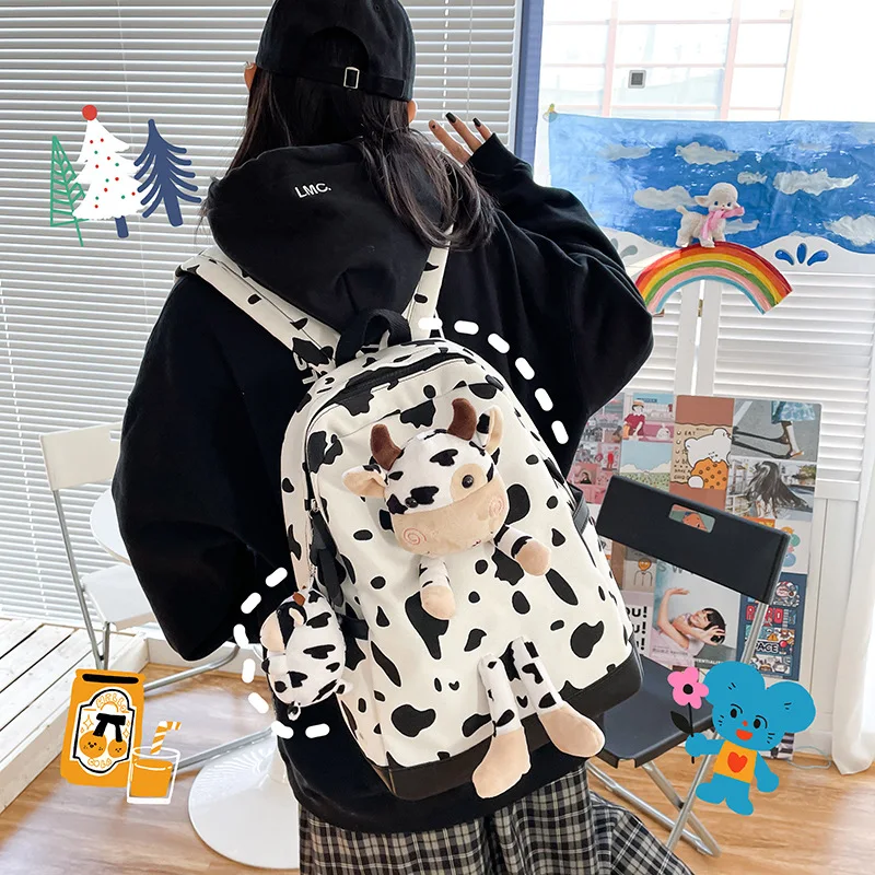 
Cow Pattern Backpack Girl Japanese Sweet And Cute Girl Junior High School Students Large Capacity School Bag Women 