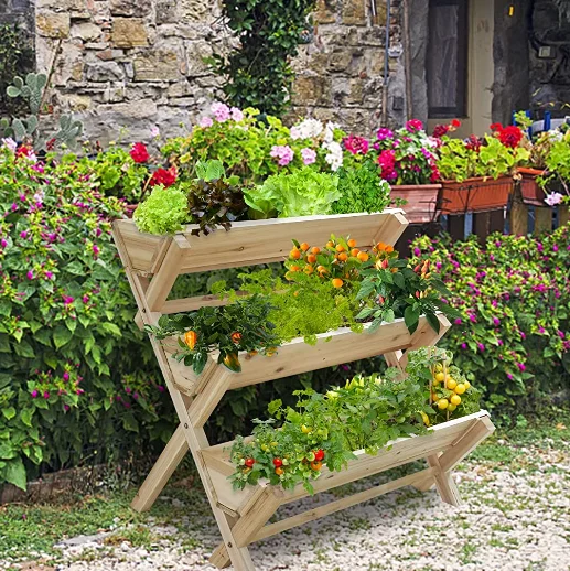 Backyard Outdoor 3 Tier Vertical Garden Tower Wood Plant Stand Raised Garden Bed With Legs