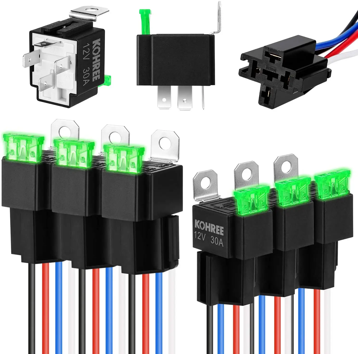 12V 4-Pin Relay Switch Harness 6 Pack, 30A Fuse Auto SPST Bosch Style Relay 12 Volt 30 Amp Relays for Automotive Marine Boats