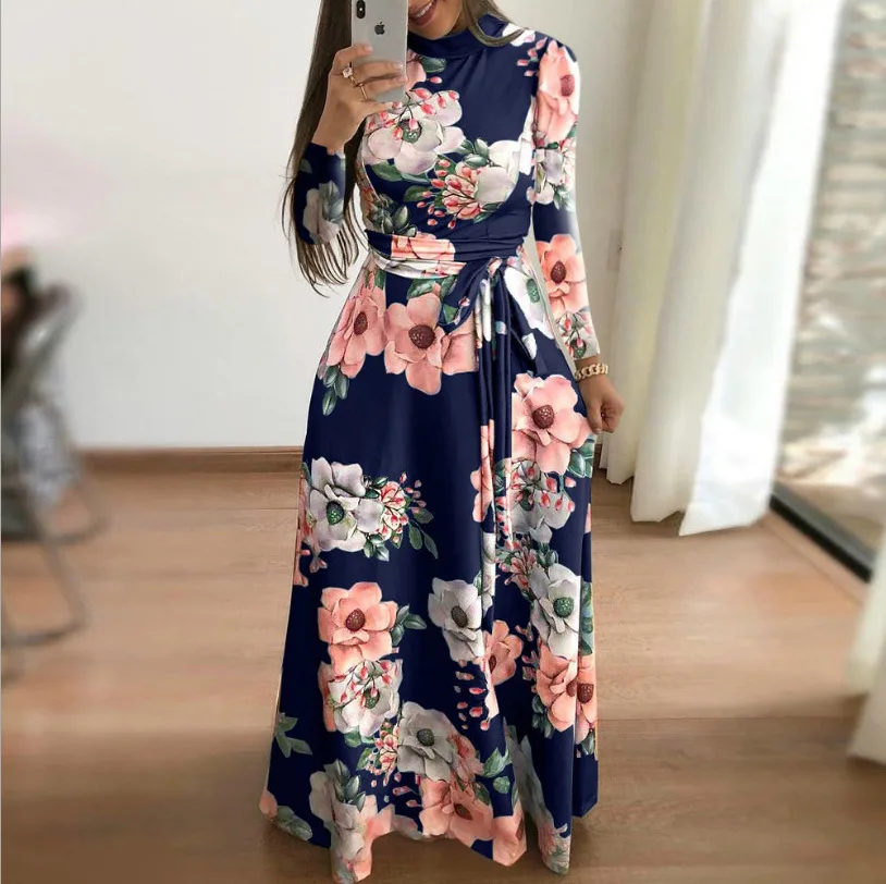 Autumn and Winter Leisure Printed Lace Long Skirt Dresses for Women