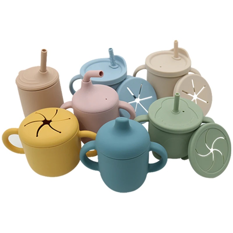 Customizable Safe BPA Free Kids Drinking Training Toddler Trainer Sippy Cups Baby Silicone Straw Cup