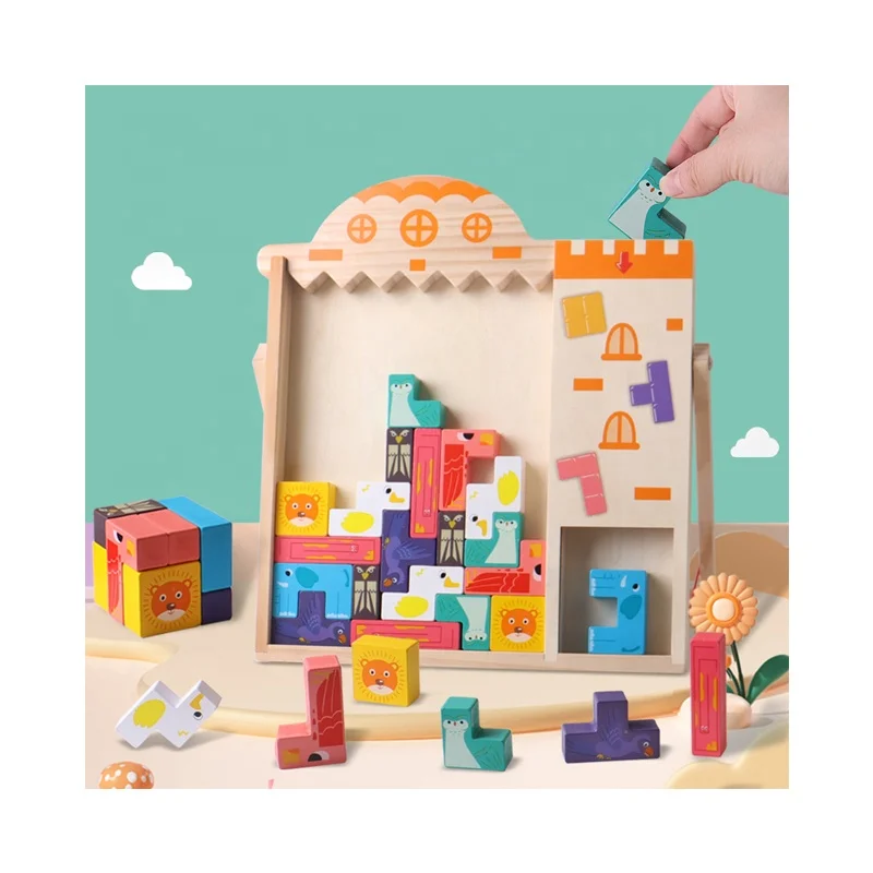 Wooden Blocks Puzzle Brain Teasers Toy Balance Stacking 4 in 1 Tangram Jigsaw Intelligence Colorful 3D Russian Blocks for Kids