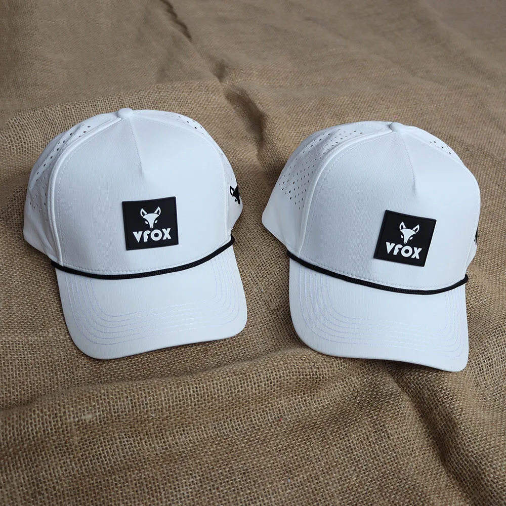 Small minimum order brand quality customized logos nylon curved brim waterproof nylon 5 panel baseball cap with rope