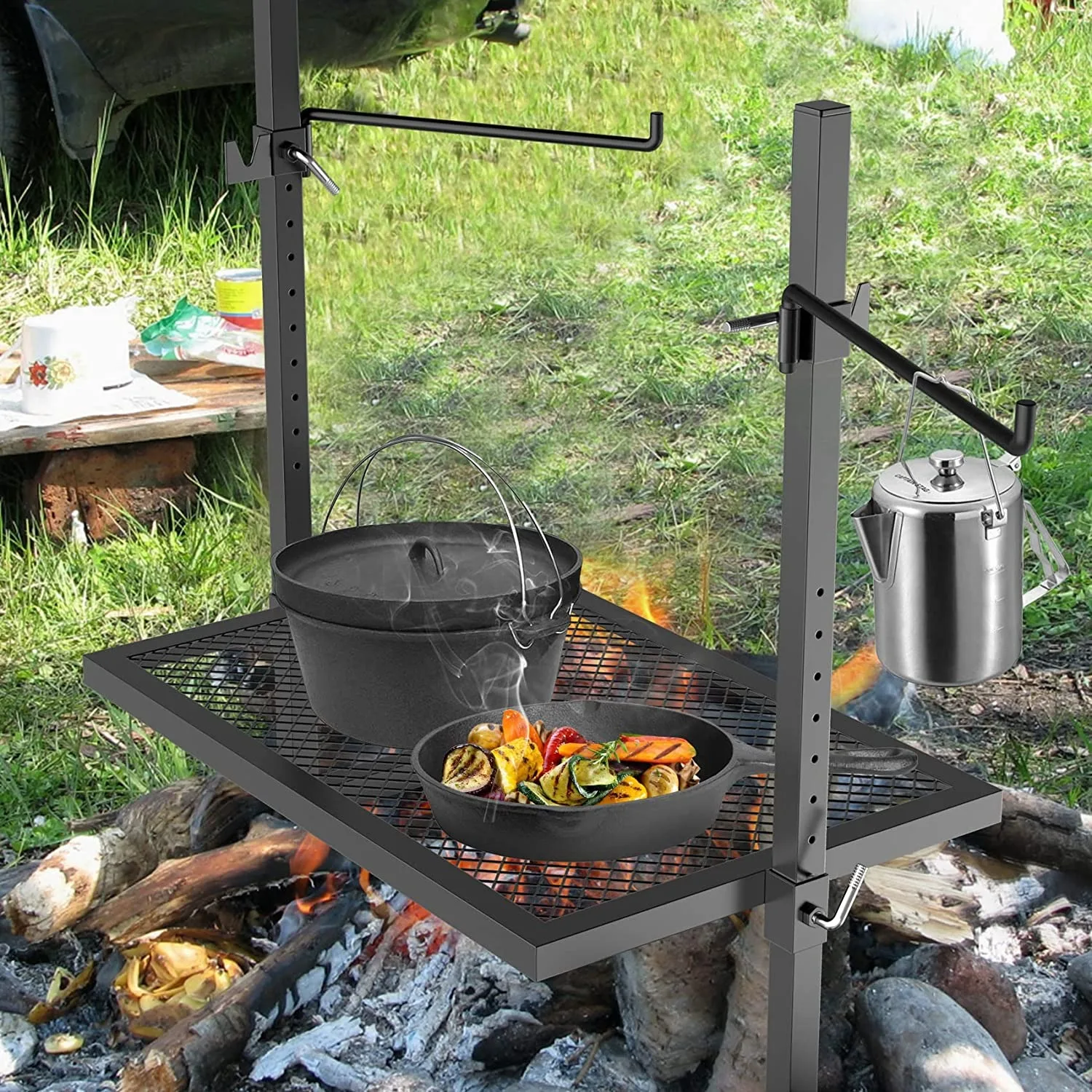 Adjustable Grill Rotisserie System and Spit Over Fire Camp Grill with Cooking Grate Outdoor Open Flame Cooking