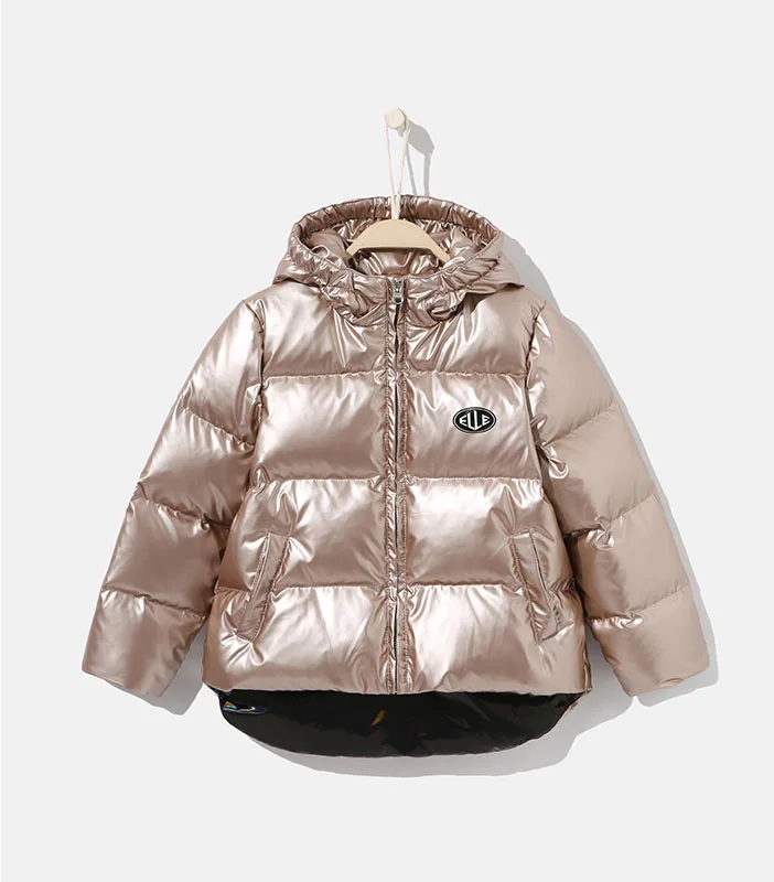 Winter duck feather leather coat lightweight quilted shiny fabric puffer kids girls down jacket
