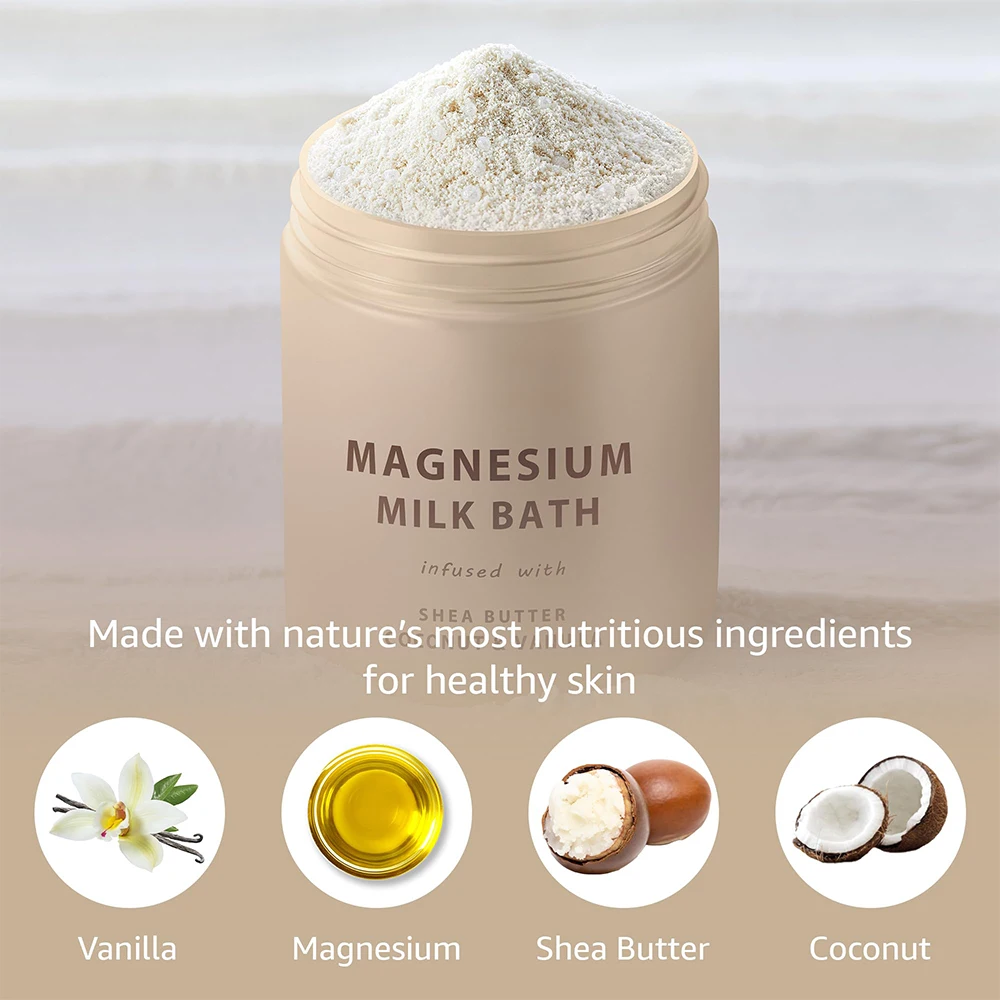 Coconut & Vanilla Moisturize Soften Skin Creamy Magnesium Milk Bath Soak Powder Infused with Shea Butter
